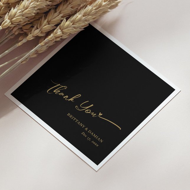 Serviette En Papier Merci à huile d'or - Mariage noir personnalisé (Gold Foil Thank You - Personalized Black Wedding Napkins)