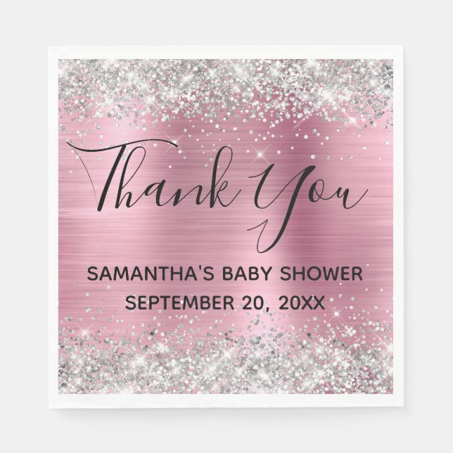 Serviette En Papier Merci Baby shower Parties scintillant rose argent (Devant)
