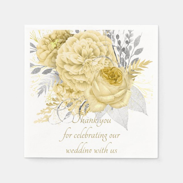 Serviette En Papier Merci de Mariage Floral en Argent Rustique (Devant)