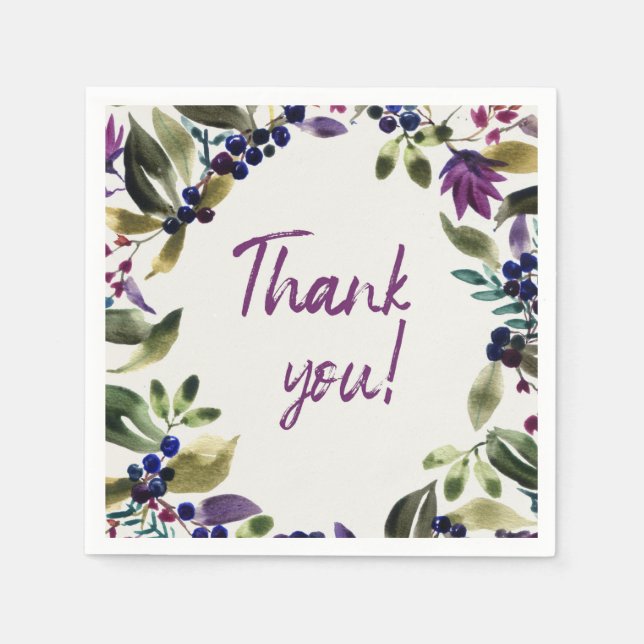 Serviette En Papier Merci! | Fleurs et baies d'aquarelle (Devant)