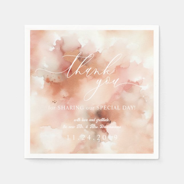 Serviette En Papier Merci Mariage RoseGold Watercolor (Devant)