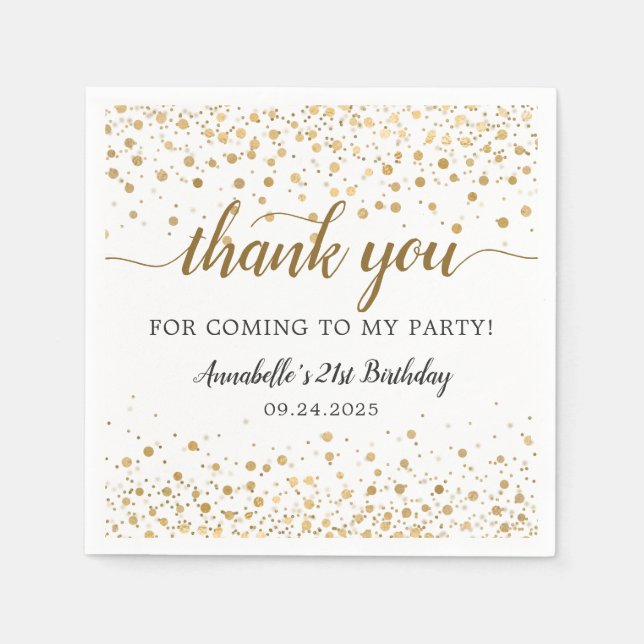 Serviette En Papier Merci pour venir Gold Confetti 21e anniversaire (Devant)