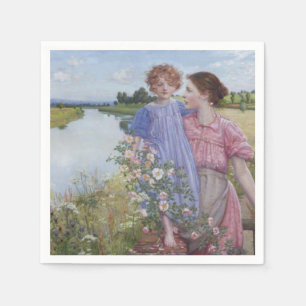 Serviette En Papier Mère et enfant au bord d'une rivière avec des Rose