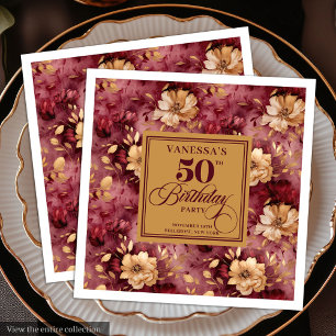 Serviette En Papier Merlot Élégant Rosé Doré Floral 50e Anniversaire