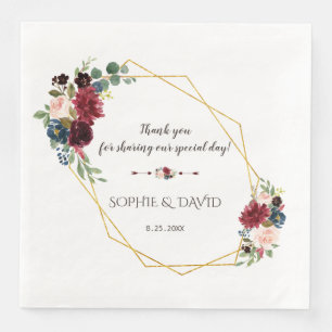 Serviette En Papier Merlot Marine bleu Floral Gold Frame Mariage