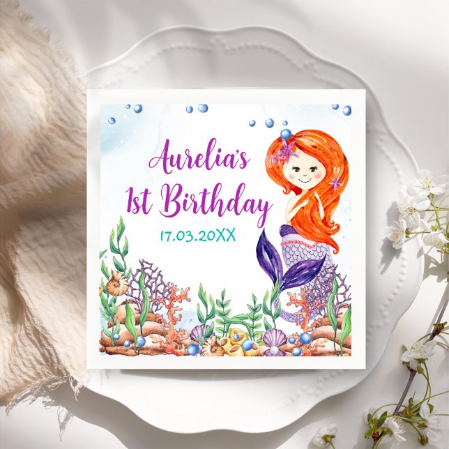 Serviette En Papier Mermaid 1er anniversaire fêté près de la mer (Créateur téléchargé)