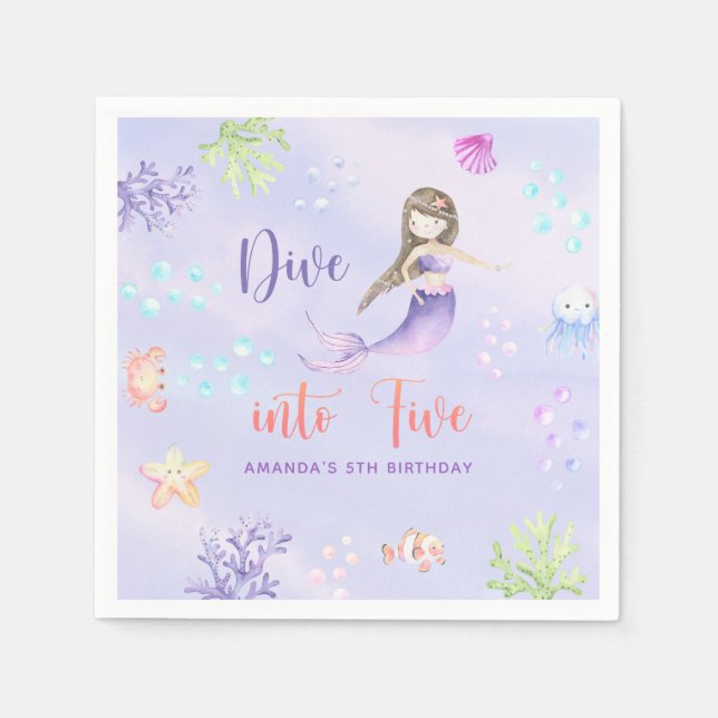 Serviette En Papier Mermaid Girl Dive In Five 5th Birthday Party (Devant)