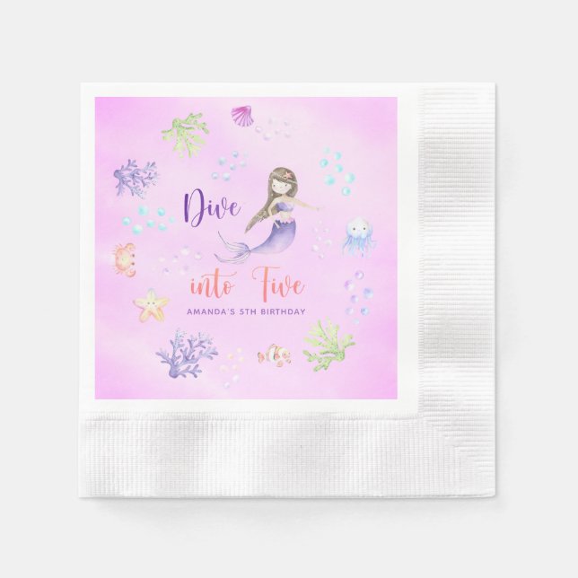 Serviette En Papier Mermaid Girl Dive In Five 5th Birthday Party (Devant)