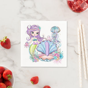 Serviette En Papier Mermaid Premier anniversaire   Whimsical Sea Life 