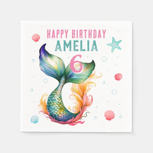 Serviette En Papier Mermaid Tail Seashells Bubbles Starfish Anniversai (Devant)