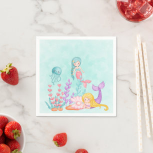 Serviette En Papier Mermaids et méduses sous l'aquarelle marine