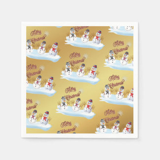 Serviette En Papier Merry Christmas and snowmen on faux gold
