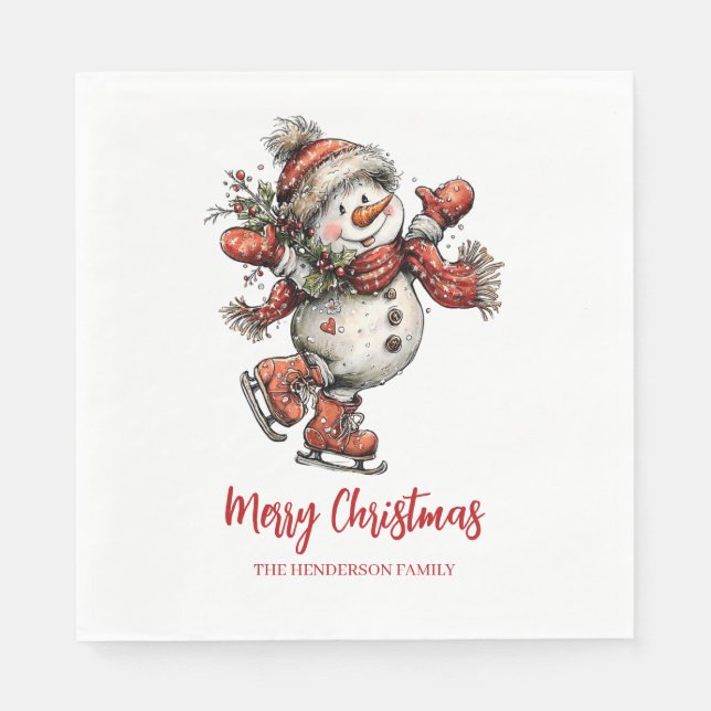 Serviette En Papier Merry Christmas Ice Skates Snowman  (Devant)