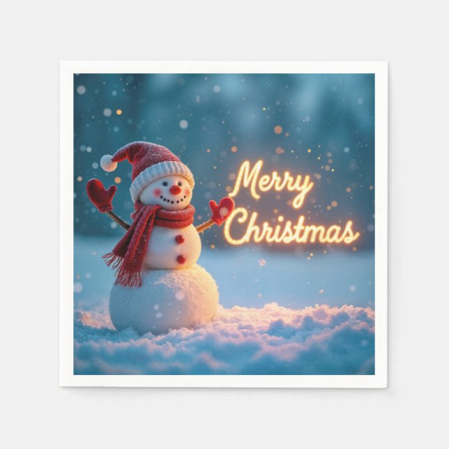 Serviette En Papier Merry Christmas Snowman with Neon Sign (Devant)