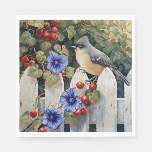 Serviette En Papier Mésange sur une clôture blanche à pickets Fleurs d