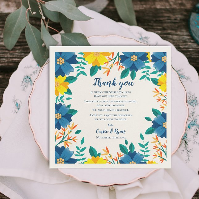 Serviette En Papier Message de Merci Mariage bleu jaune chic (Chic Blue Yellow Floral Wedding Thank you Message Napkins)