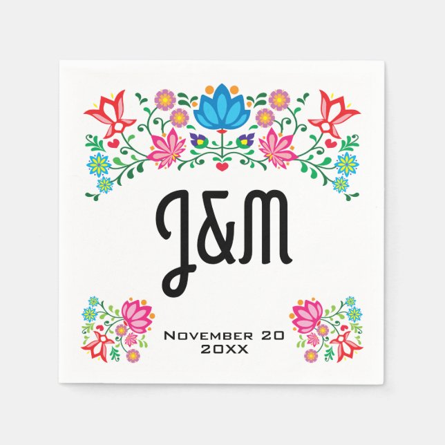 Serviette En Papier mexicaine Fiesta Folk Art Floral initiales Mariage (Devant)