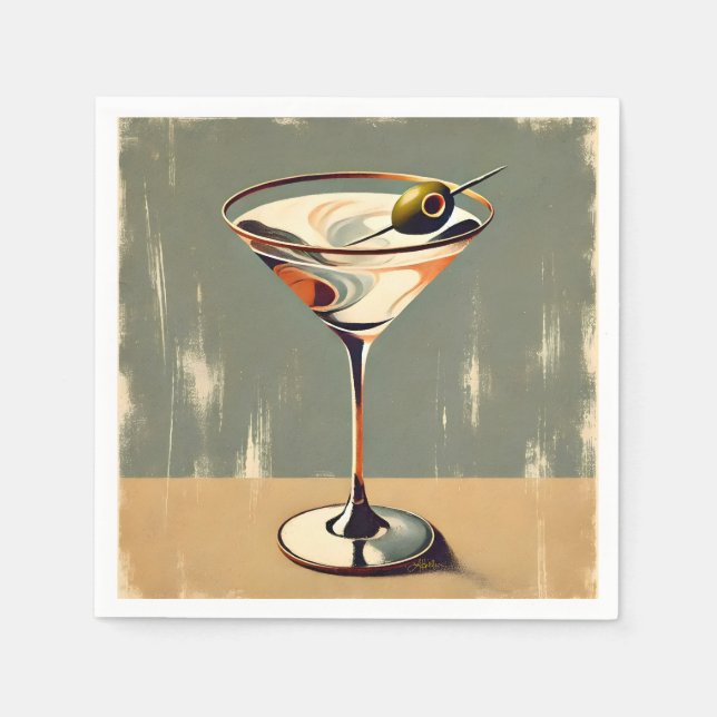 Serviette En Papier Mi-siècle Moderne 1 Olive Martini Peinture (Devant)