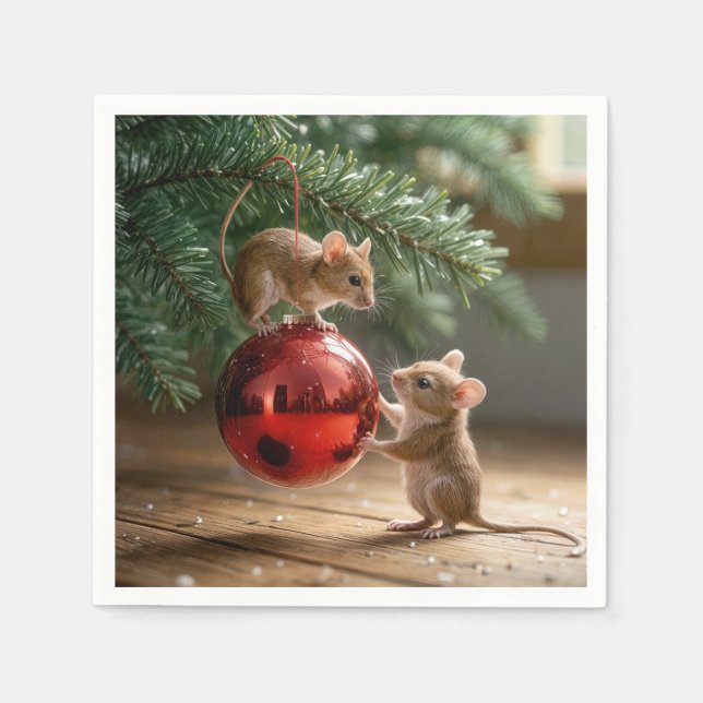 Serviette En Papier Mice sur un ornement de Noël rouge (Devant)
