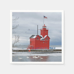 Serviette En Papier Michigan Grand Phare Rouge Avec Cygnes D'Hiver