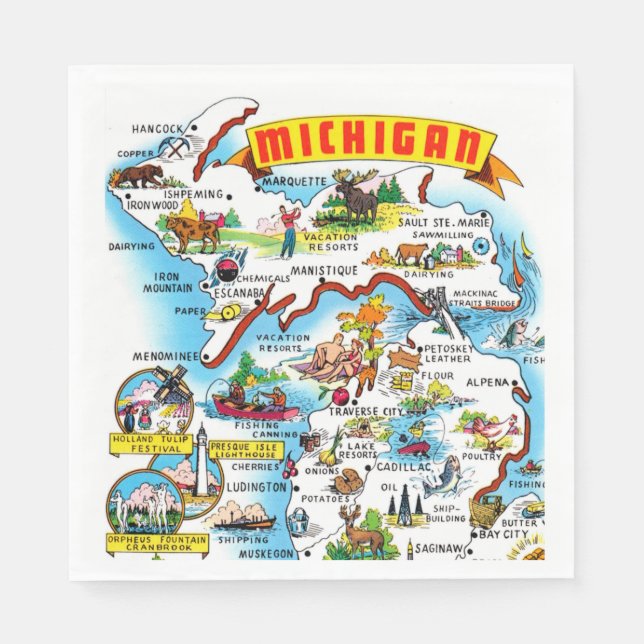 Serviette En Papier Michigan Postcard Map  (Devant)