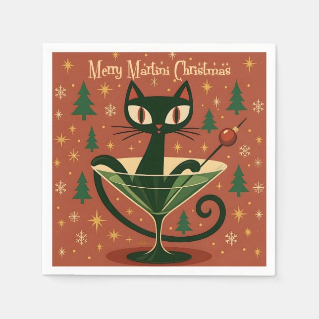 Serviette En Papier Mid Century Black Cat Merry Martini Noël (Devant)
