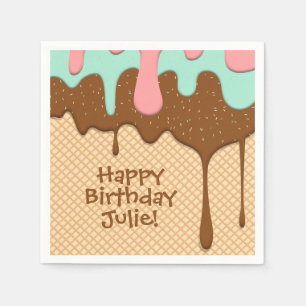 Serviette En Papier mignon cône de crème glacée rose, menthe et chocol