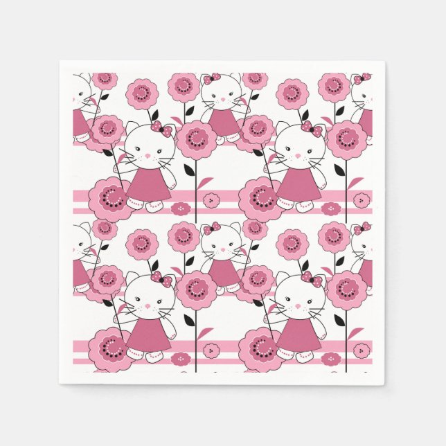 Serviette En Papier mignon enfants chaton rose blanc imprimé (Devant)