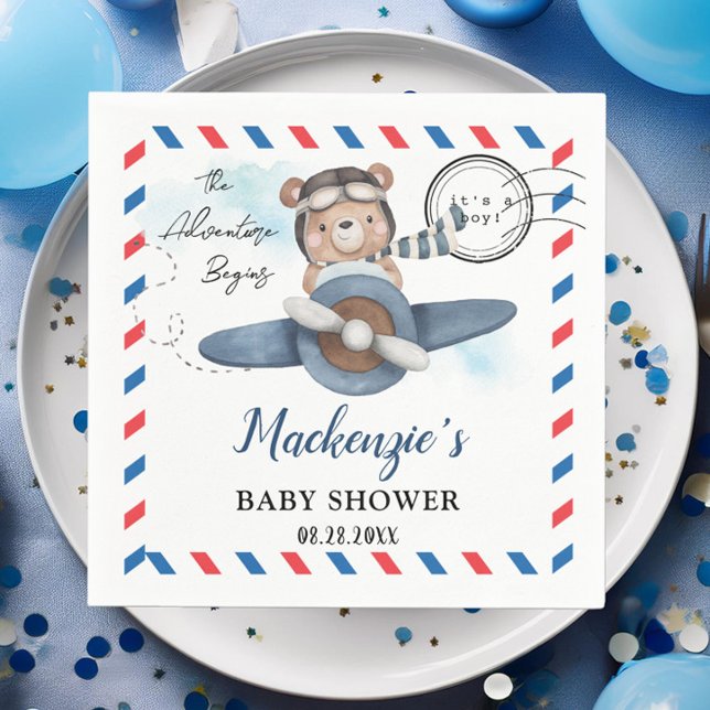 Serviette En Papier Mignonne Bear Plane Aventure Commence Baby shower  (cute bear riding a blue plane postcard style postmark adventure begins baby shower birthday napkins)