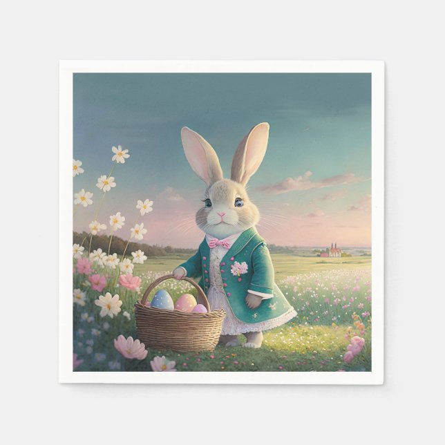 Serviette En Papier Mignonne lapin de Pâques en petite veste bleue (Devant)