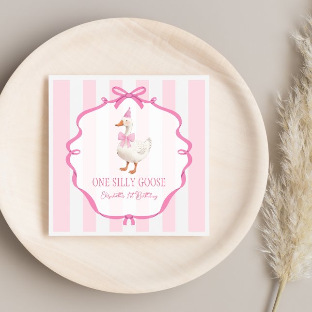 Serviette En Papier Mignonne One Silly Goose Rose Bow Premier annivers (Cute One Silly Goose Pink Bow First Birthday Napkins)