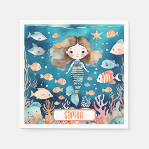 Serviette En Papier Mignonne petite sirène sous la mer avec du poisson
