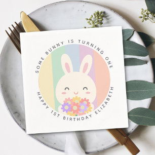 Serviette En Papier Mignonne Un Lapin Tourne Un Anniversaire Arc En Ci