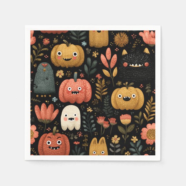 Serviette En Papier Mignons monstres d'Halloween et Motif Citrouille (Devant)