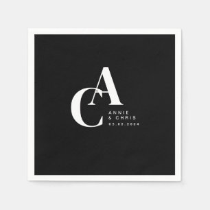 Serviette En Papier Minimal, Monogramme, Noir, Mariage