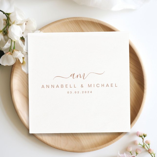 Serviette En Papier Minimal, Monogramme, Police d'écriture manuscrite, (Minimal, monogram, handwriting font, white, wedding napkin. Personalized with your name and date.)