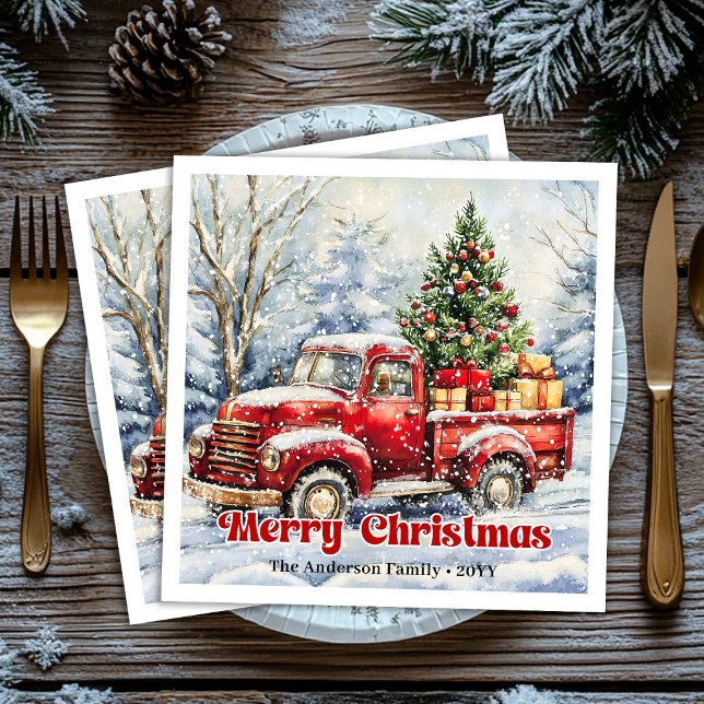 Serviette En Papier Minimal red truck Christmas scene rustic napkins (Minimal red truck Christmas scene rustic napkins)