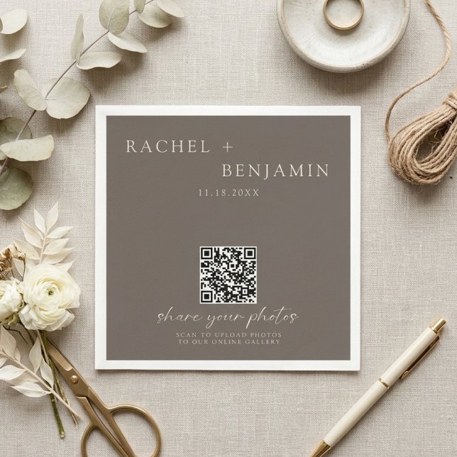 Serviette En Papier Minimalist Wedding QR Share Photos Taupe (Créateur téléchargé)