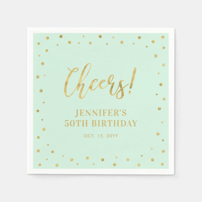 Serviette En Papier Mint & Gold | Élégante fête d'anniversaire classiq (Devant)