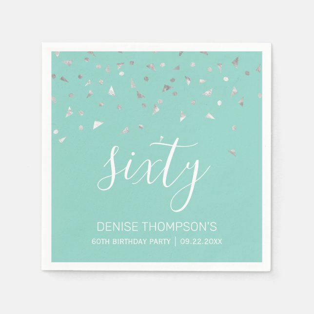 Serviette En Papier Mint Green Silver Confetti 60e fête d'anniversaire (Devant)
