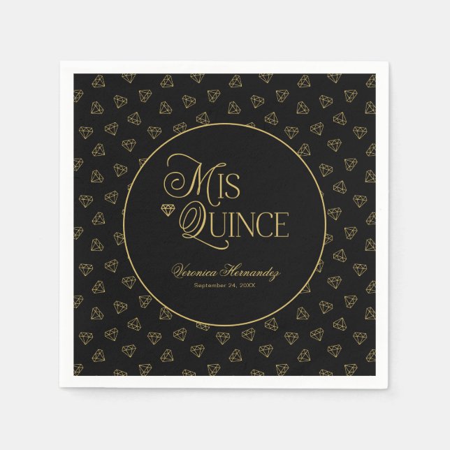 Serviette En Papier Mis d'or noir Quince Quinceanera personnalisé (Devant)