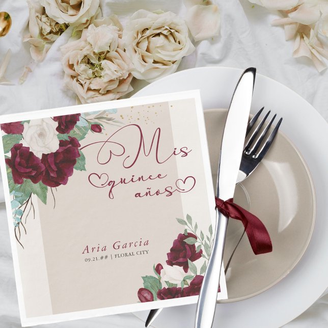 Serviette En Papier Mis Quince Anos Burgundy Ivory Floral Quinceanera (Mis Quince napkins with burgundy red roses from my Royal Roses collection
)
