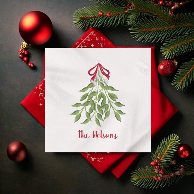 Serviette En Papier Mistletoe Holiday Napkin (Merry Mistletoe Christmas personalized napkin.)