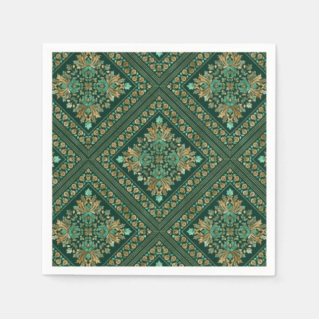 Serviette En Papier Modèle Damas vintage - vert émeraude et or (Devant)