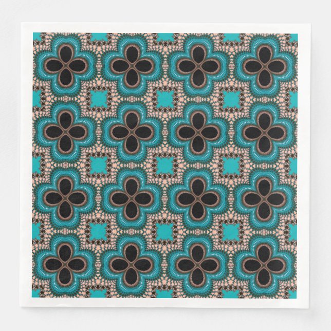 Serviette En Papier Modèle Floral géométrique marocain Turquoise Tan N (Devant)
