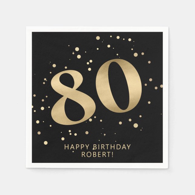 Serviette En Papier Modern 80th Eighty Birthday | Black Gold Glitter  (Devant)