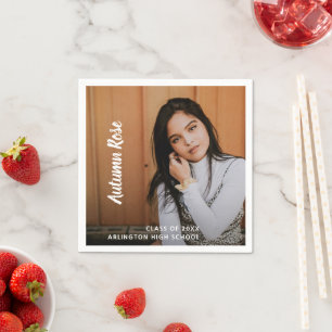 Serviette En Papier Modern Bold Script Nom Photo Girl Graduation