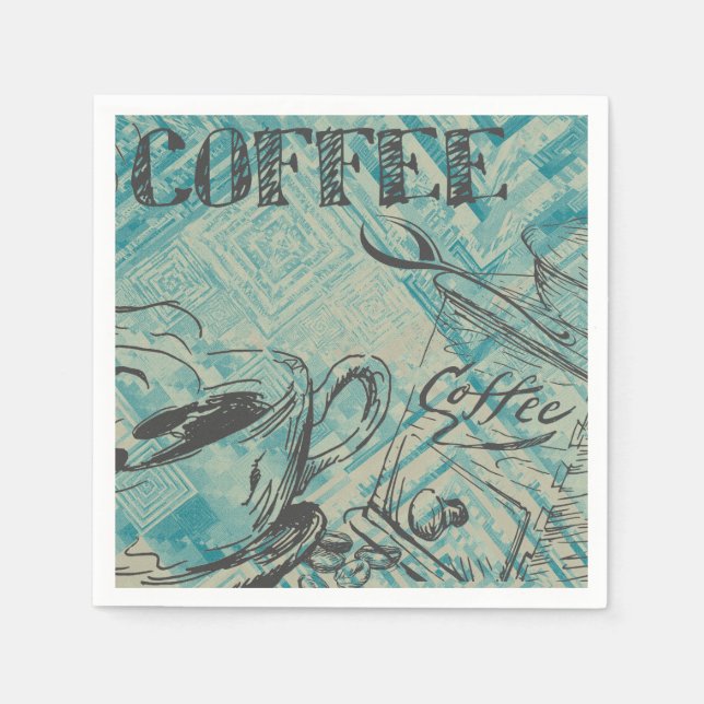 Serviette En Papier Modern Coffee Art Sketch Blue (Devant)