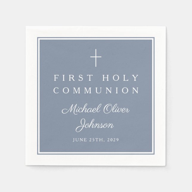 Serviette En Papier Modern Dusty Blue Religious Boy First Communion (Devant)