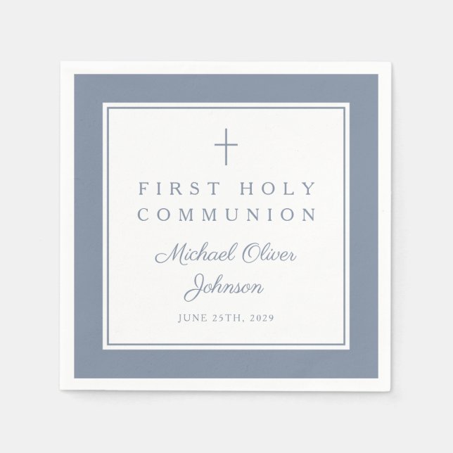 Serviette En Papier Modern Dusty Blue Religious Boy First Communion (Devant)